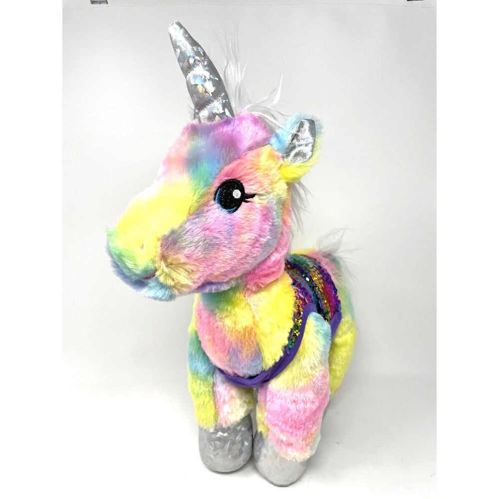 Retired Build A Bear Unicorn Tie Dye Rainbow Glitter 14" Plush Plays Trolls Song